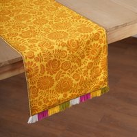 Matyo - Gelb Bedruckte Baumwolle Tischläufer Mit Bunten Acryl Fransen, Größen Verfügbar von VLiving