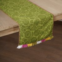 Matyo - Grün Bedruckte Baumwolle Tischläufer Mit Bunten Acryl Fransen, Größen Verfügbar von VLiving