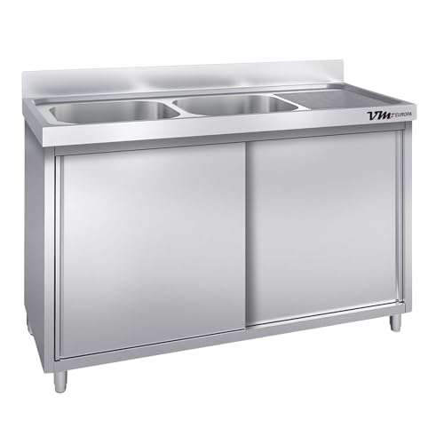VM Europa - Gastro Spülschrank mit 2 Becken Links + Schiebetüren - 160 x 70 cm - AISI 430 Edelstahllegierung - Doppelbecken Unterschrank - Spültisch Gastronomie Spüle Spülbecken Waschtisch VM Europa - Gastro Spülschrank mit 2 Becken Links + Schiebetüren - 160 x 70 cm - AISI 430 Edelstahllegierung - Doppelbecken Unterschrank - Spültisch Gastronomie Spüle Spülbecken Waschtisch von VM Europa