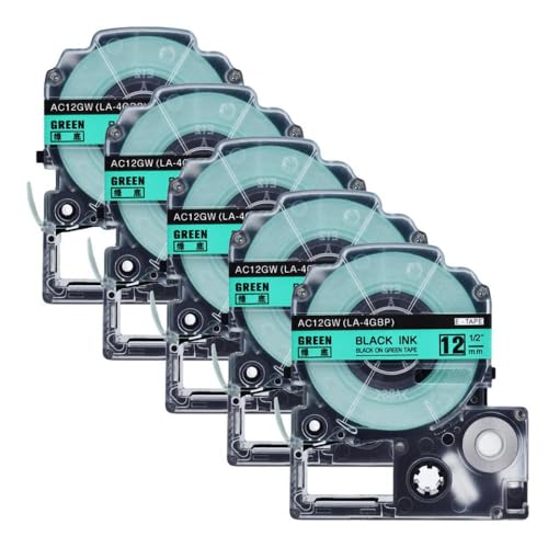 VMHPMLGV 1PK 5PK Standard Labels Tape funktioniert mit labelworks kompatiblen Etikettenpatronen schwarz auf Weiß 12mm 26ft(5PK Black on Green) von VMHPMLGV