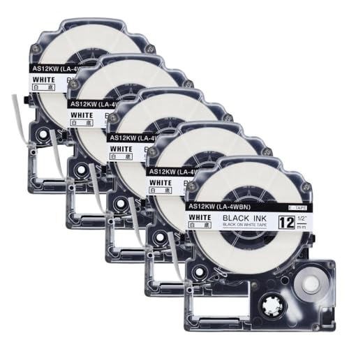 VMHPMLGV 1PK 5PK Standard Labels Tape funktioniert mit labelworks kompatiblen Etikettenpatronen schwarz auf Weiß 12mm 26ft(5PK Black on White) von VMHPMLGV