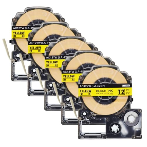 VMHPMLGV 1PK 5PK Standard Labels Tape funktioniert mit labelworks kompatiblen Etikettenpatronen schwarz auf Weiß 12mm 26ft(5PK Black on Yellow) von VMHPMLGV