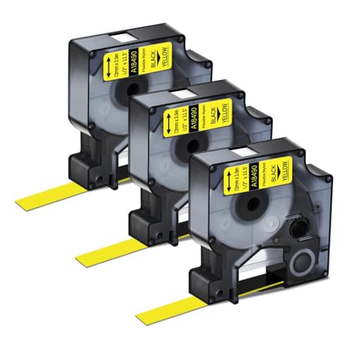 VMHPMLGV 3-10pk Flexible Nylonbezeichnungen kompatibel mit A18488 A18490 S0718100 S0718080 TAND 12-mm-Klebeband für 1000 5200 Druckermodelle(3PK Black on Yellow) von VMHPMLGV