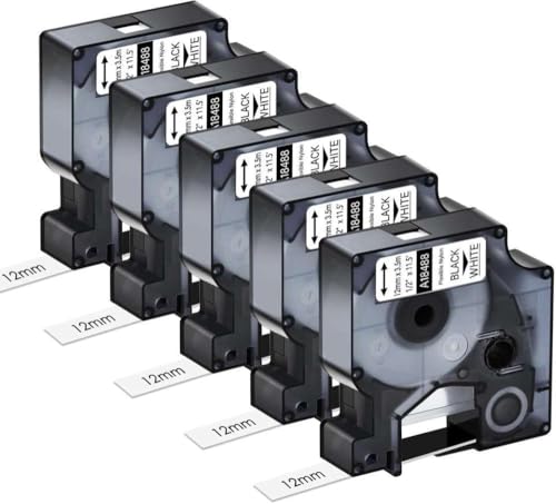 VMHPMLGV 3-10pk Flexible Nylonbezeichnungen kompatibel mit A18488 A18490 S0718100 S0718080 TAND 12-mm-Klebeband für 1000 5200 Druckermodelle(5PK Black on White) von VMHPMLGV