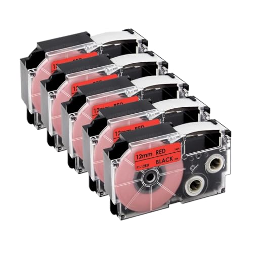 VMHPMLGV 3 5pcs Selbstkleber Etikettbandkapitibel mit XR 12WEXR 12YW XR 12x 12 mm Kompatibel mit KL 60 KL 100 Label -Hersteller(5PK Black on Red) von VMHPMLGV