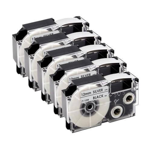 VMHPMLGV 3 5pcs Selbstkleber Etikettbandkapitibel mit XR 12WEXR 12YW XR 12x 12 mm Kompatibel mit KL 60 KL 100 Label -Hersteller(5PK Black on Silver) von VMHPMLGV