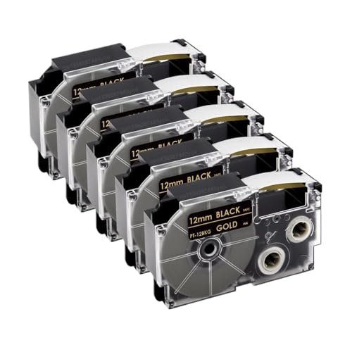 VMHPMLGV 3 5pcs Selbstkleber Etikettbandkapitibel mit XR 12WEXR 12YW XR 12x 12 mm Kompatibel mit KL 60 KL 100 Label -Hersteller(5PK Gold on Black) von VMHPMLGV