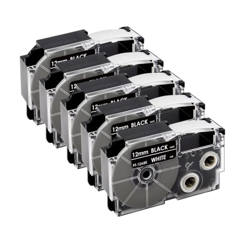 VMHPMLGV 3 5pcs Selbstkleber Etikettbandkapitibel mit XR 12WEXR 12YW XR 12x 12 mm Kompatibel mit KL 60 KL 100 Label -Hersteller(5PK White on Black) von VMHPMLGV