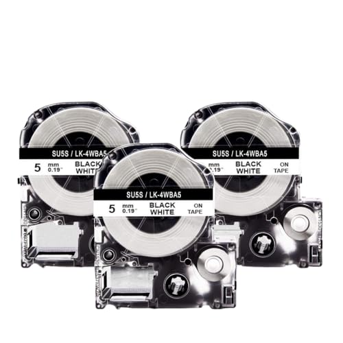 VMHPMLGV 3pk 5 m Durchmesser Wärme Schrumpfrohrbänder SU5S SU5Y kompatibel mit Etikettband LK-4WBA5 LK-4YBA5 funktioniert mit Labelworks-Druckern.(Black on White) von VMHPMLGV