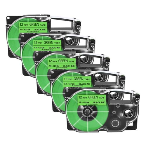 VMHPMLGV 5PK XR-12x XR-12WE-Etikettenbänder kompatibel mit 12-mm-Bandpatrone Kompatibel mit KL-130 KL-120 430 Label Maker-Drucker(5PK Black on FluoGN) von VMHPMLGV