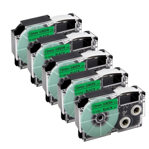 VMHPMLGV 5pcs 10pcs XR12WE kompatible Etikettenbandband Kompatibel mit KL-60 KL-100-Etikettdrucker funktioniert mit XR-12WE XR-12YW 12mm(5PK Black on Green) von VMHPMLGV