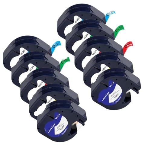 VMHPMLGV 5pk 10pk weißes Etikettband Kunststoff 12mm LT-Klebeband kompatibel mit 91201 91221 91331 91202 Kompatibel mit LT-100H LT100H Label Maker Universal Ersatzband(10PK 5Mixed Colors) von VMHPMLGV