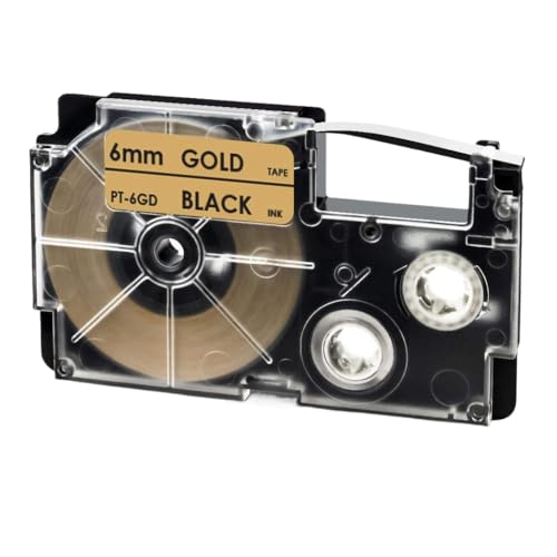 VMHPMLGV 6mm XR-Klebeband kompatibel mit Etiketthersteller KL-8100 KL-120 KL-820 KL-7200 XR-6XRD rot auf dem Label-Bandklebeband Kompatibel mit Clear Ribbon-Drucker(Black on Gold) von VMHPMLGV
