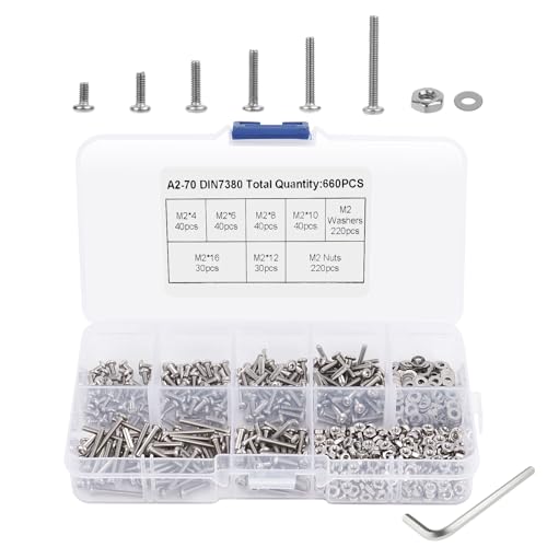 VMUTGA 660 Stück M2 Schrauben Muttern und Unterlegscheiben Set, M2 Edelstahl Innensechskant Sechskantschrauben Gewindeschrauben und Muttern Sortiment Kit mit Schraubenschlüssel und Aufbewahrungsbox von VMUTGA