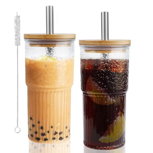 VMUTGA Becher mit Deckel und Strohhalm, 2 x 600ml Trinkgläser, Trinkbecher mit Strohhalm，Edelstahl-Strohhalm-Trinkglas mit Deckel für Milch, Softdrinks, Milchtee und Kaffee von VMUTGA