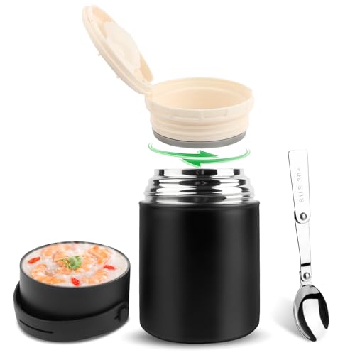 VMUTGA Thermobehälter 850ml, | Edelstahl Warmhaltebehälter | Müsli to go - Thermobox Mittagessen, Edelstahl Thermobehälter für Essen mit faltbaren Löffel (schwarz) von VMUTGA