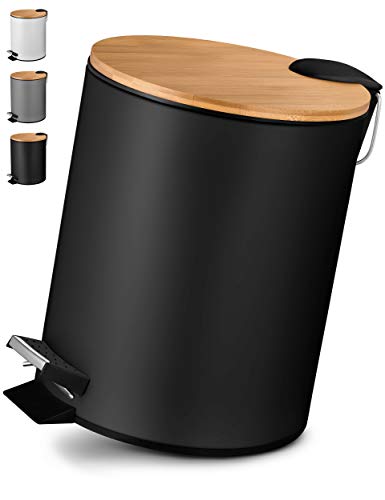 VMbathrooms 5L Kosmetikeimer in edlem schwarzem Design | Tretmülleimer mit Absenkautomatik (Soft Close) | Eleganter Eimer fürs Bad mit Innenbehälter und Bambus-Holzdeckel von VMbathrooms