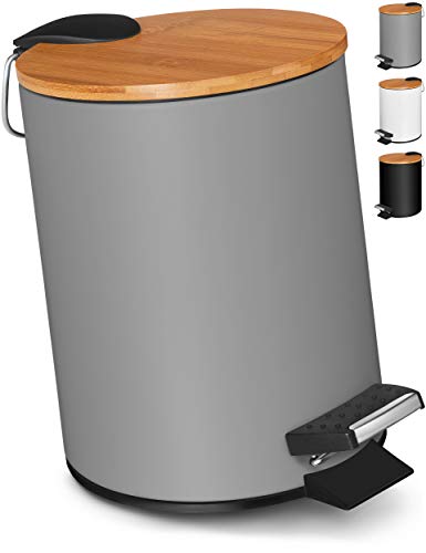 VMbathrooms 3L Kosmetikeimer in edlem grauem Design | Tretmülleimer mit Absenkautomatik (Soft Close) | Eleganter Eimer fürs Bad mit Innenbehälter und Bambus-Holzdeckel von VMbathrooms