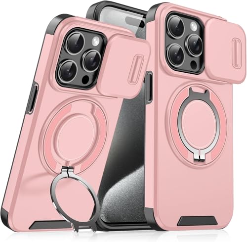 VNDGEOUH Anpurely Hülle mit Schiebekameraabdeckung, Sichtschutz-Kameraabdeckung 360°-Schutz, x mit Funktionen A Drehbare Halterung for iPhone 16/15/14/13/12Pro Max(Pink,for 15Pro) von VNDGEOUH