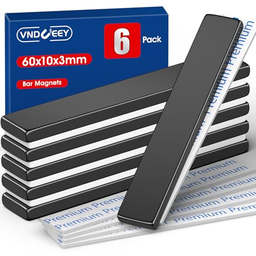 VNDUEEY Neodymium Magnets, 6 Pack Magnetic Bar Super Strong, Waterproof Heavy Duty Magnets with Adhesive Backing, Rare Earth Strips for Fridge, DIY Craft, Science - 60x10x3 mm, Black von VNDUEEY