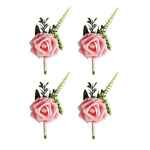 VOANZO 4 STÜCKE Hochzeit Boutonniere Künstliche PE Rose Blumen Corsagen für Braut Bräutigam Groomsmen Mädchen Bouquet Brosche 15x8x5 cm (Rosa) von VOANZO