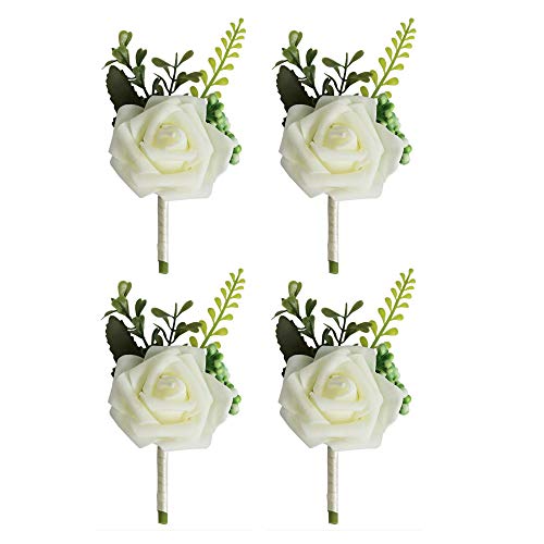 VOANZO 4 STÜCKE Hochzeit Boutonniere Künstliche PE Rose Blumen Corsagen für Braut Bräutigam Groomsmen Mädchen Bouquet Brosche 15x8x5 cm (Weiß) von VOANZO