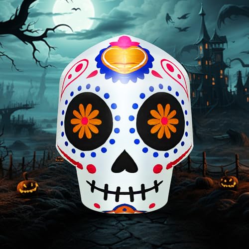 VOCADE Aufblasbarer bunter Totenkopf-Dekoration für den Außenbereich, 90 cm, mit LED-Lichtern für Hof, Garten, Innenbereich, Urlaubsdekorationen, aufblasbare Dekoration, beleuchtet für Halloween-Party von VOCADE