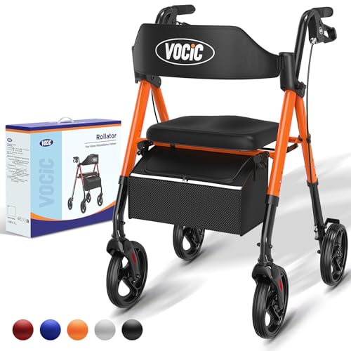 VOCIC Rollator Faltbar und Leicht mit Sit,Rollatoren Schmal für Wohnung,Rollatoren für Senioren Klappbar mit 20cm Reifen für All Gelände,Sitz und Griff Höhenverstellbar,5 Jahre Garantie| Orange von VOCIC