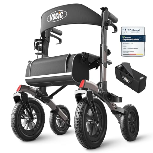 VOCIC Rollator Faltbar und Leicht mit Sitz,Outdoor Rollator mit Gummi-Nonluftbereifung für Allen Gelände,Aluminium Höhenverstellbare Rollatoren für Draußen&Langlauf&Reisen,Grau(5 Jahre Support) von VOCIC