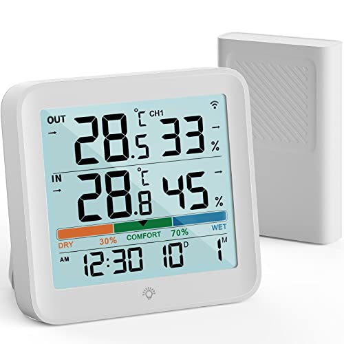 VOCOO Thermometer Innen/Ausen,kabellos Wetterstation Hygrometer mit Außensensor mit uhr,Digitales Raumthermometer mit Hintergrundbeleuchtung Luftindikator LCD MIN/MAX Display, ℃/℉ Schalter von VOCOO