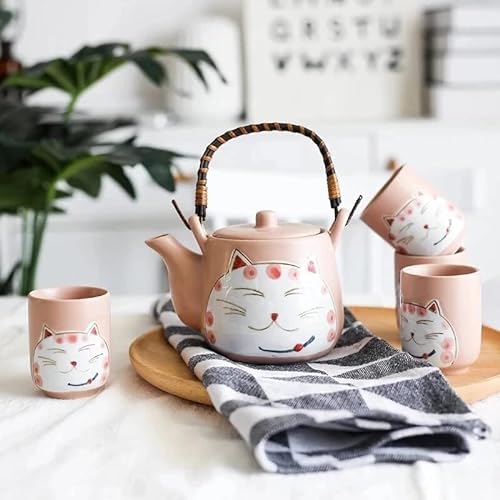 VOCOP Teekanne aus Keramik, mit niedlichem Katzen-Design, 4 Tassen und 1 Teekanne, Rosa von VOCOP