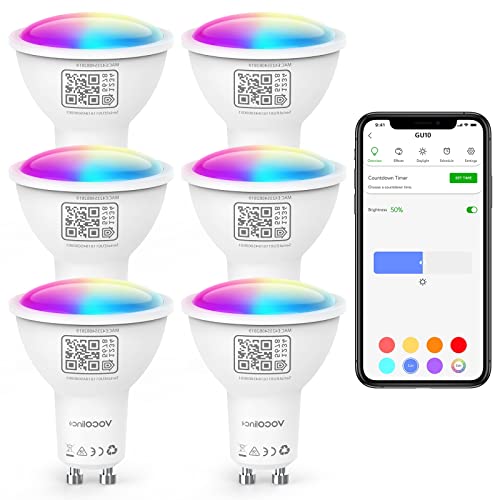 VOCOlinc GU10 Smarte Glühbirne, RGBW Smart Lampe Kompatibel mit Apple HomeKit, Alexa und Google Assistant, WLAN LED Bulb Dimmbar per App oder Sprache, 4.5W=50W, 2200K–7000K Warm/Kaltweiß, 6 Stück. von VOCOlinc