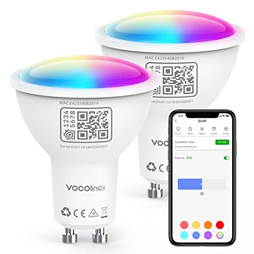 VOCOlinc GU10 Smarte Glühbirne, RGBW LED Lampe Kompatibel mit Apple HomeKit, Alexa und Google Assistant, WLAN Smart Bulb Dimmbar per App oder Sprache, 4.5W=50W, 2200K–7000K Warm/Kaltweiß, 2 Stück von VOCOlinc