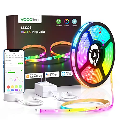 VOCOlinc Smart RGBIC LED Strip Lights 5m Pro, LED Streifen Band Funktioniert mit Apple HomeKit, Alexa und Google Assistant, DIY Beschichtes Lichtband Sync mit Musik, Geeignet für Zuhause Schlafzimmer von VOCOlinc