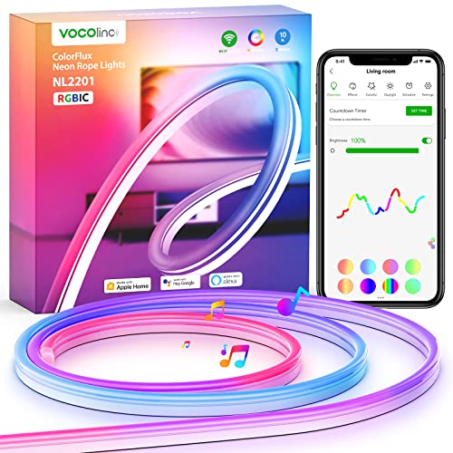 VOCOlinc Neon LED Strip 3m, RGBIC Streifen funktioniert mit Apple HomeKit, Alexa und Google, mit App-Steuerung, DIY-Funktion, Musik Sync, Lichtband für Schlafzimmer,Wohnzimmer,Wand Deko von VOCOlinc