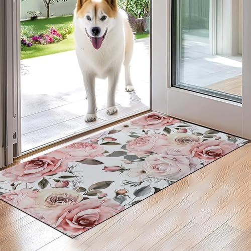 VODRM Fußmatte mit Vintage-Blumenmuster, elegante Bodenmatte, 43,2 x 74,9 cm, Vliesstoff, rutschfeste Gummi-Unterseite, rosa und cremefarben, Rosen-Blumenteppich für Veranda, Schlafzimmer, Küche VODRM Fußmatte mit Vintage-Blumenmuster, elegante Bodenmatte, 43,2 x 74,9 cm, Vliesstoff, rutschfeste Gummi-Unterseite, rosa und cremefarben, Rosen-Blumenteppich für Veranda, Schlafzimmer, Küche von VODRM