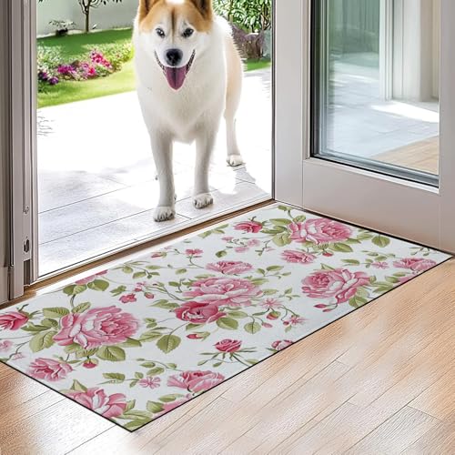 VODRM Fußmatte mit lebendigem Blumenmuster, romantische Bodenmatte, 43,2 x 74,9 cm, Vliesstoff, rutschfeste Gummi-Unterseite, rosa Pfingstrosen, Blume und Blätter, Teppich für Veranda, Schlafzimmer VODRM Fußmatte mit lebendigem Blumenmuster, romantische Bodenmatte, 43,2 x 74,9 cm, Vliesstoff, rutschfeste Gummi-Unterseite, rosa Pfingstrosen, Blume und Blätter, Teppich für Veranda, Schlafzimmer von VODRM
