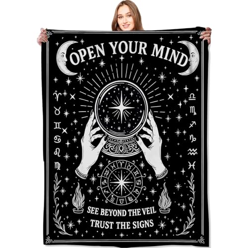 VODRM Schwarz-weiße Tarot-Sternzeichen-Decke, Halloween-Urlaubsdekoration, okkulter Überwurf, Geschenke für Erwachsene, leicht, weiches Fleece, Wahrsagung, Kristallkugeldecken für Sofa, Couch von VODRM