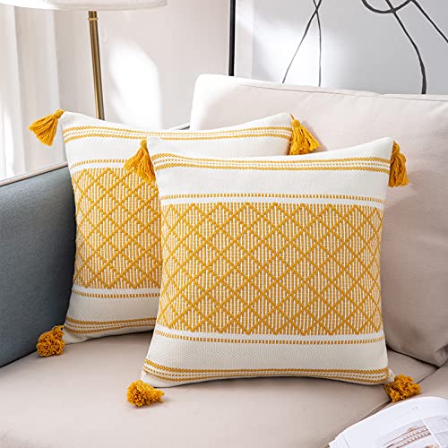 VOFANK 2er Set Boho Kissenbezug Baumwolle Kissenhülle Dekokissen Jacquard Quaste Dekorative Kissenbezüge Sofakissen für Sofa Couch Schlafzimmer Wohnzimmer Auto (Gelb, 45 x 45 cm) von VOFANK