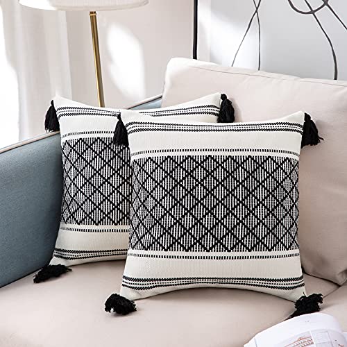 VOFANK 2er Set Boho Kissenbezug Baumwolle Kissenhülle Dekokissen Jacquard Quaste Dekorative Kissenbezüge Sofakissen für Sofa Couch Schlafzimmer Wohnzimmer Auto (Schwarz, 45 x 45 cm) von VOFANK