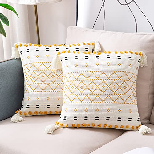 2er Set Kissenbezug Boho Kissenhülle Baumwolle Woven Dekokissen Sofakissen mit Quaste Dekorative Kissenbezüge für Sofa Schlafzimmer Wohnzimmer 45 x 45 cm Gelb und Weiß von VOFANK