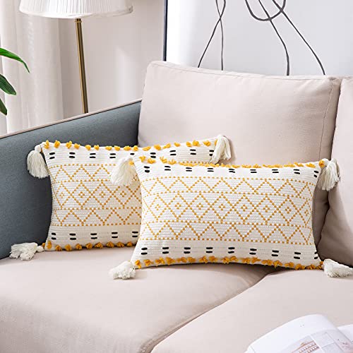 2er Set Kissenbezug Boho Kissenhülle Baumwolle Woven Dekokissen Sofakissen mit Quaste Dekorative Kissenbezüge für Sofa Schlafzimmer Wohnzimmer 30 x 50 cm Gelb und Weiß von VOFANK