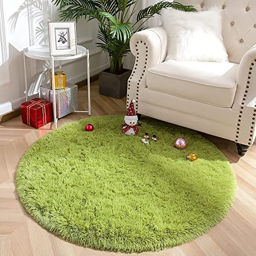 VOFUSHON Schlafzimmer Shaggy Plüsch runden Teppich Bunte Batik Faux Flauschiger Samt Moderne Innenteppiche Lange Haare Fell Optik Gemütliches Bettvorleger Sofa Matte Carpet(Grün,120 x 120 cm) von VOFUSHON