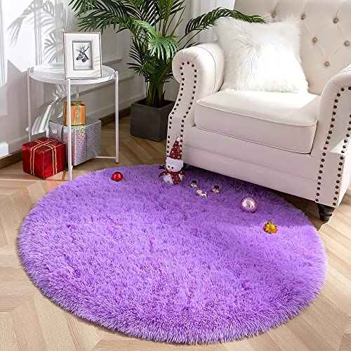 VOFUSHON Schlafzimmer Shaggy Plüsch runden Teppich Bunte Batik Faux Flauschiger Samt Moderne Innenteppiche Lange Haare Fell Optik Gemütliches Bettvorleger Sofa Matte Carpet(Lila,100 x 100 cm) von VOFUSHON