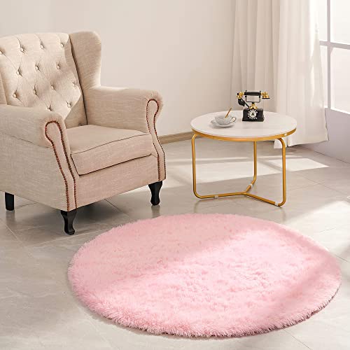 VOFUSHON Schlafzimmer Shaggy Plüsch runden Teppich Bunte Batik Faux Flauschiger Samt Moderne Innenteppiche Lange Haare Fell Optik Gemütliches Bettvorleger Sofa Matte Carpet(Rosa,100 x 100 cm) von VOFUSHON