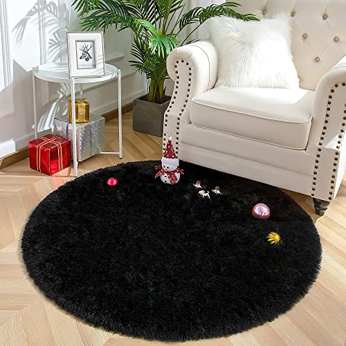VOFUSHON Schlafzimmer Shaggy Plüsch runden Teppich Bunte Batik Faux Flauschiger Samt Moderne Innenteppiche Lange Haare Fell Optik Gemütliches Bettvorleger Sofa Matte Carpet(Schwarz,150 x 150 cm) von VOFUSHON
