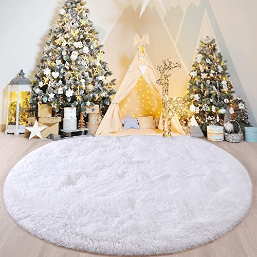 VOFUSHON Schlafzimmer Shaggy Plüsch runden Teppich Bunte Batik Faux Flauschiger Samt Moderne Innenteppiche Lange Haare Fell Optik Gemütliches Bettvorleger Sofa Matte Carpet(Weiss,120 x 120 cm) von VOFUSHON