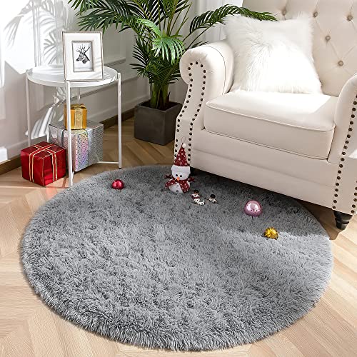 VOFUSHON Schlafzimmer Shaggy Plüsch runden Teppich Bunte Batik Faux Flauschiger Samt Moderne Innenteppiche Lange Haare Fell Optik Gemütliches Bettvorleger Sofa Matte Carpet(grau,100 x 100 cm) von VOFUSHON