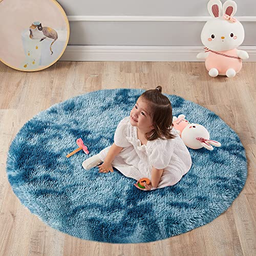 VOFUSHON Teppich Rund Hochflor Teppich Wohnzimmer Teppich Langflor Teppiche für Wohnzimmer flauschig Shaggy Schlafzimmer Bettvorleger Outdoor Carpet(Ø 100 cm Rund,Navy blau) von VOFUSHON