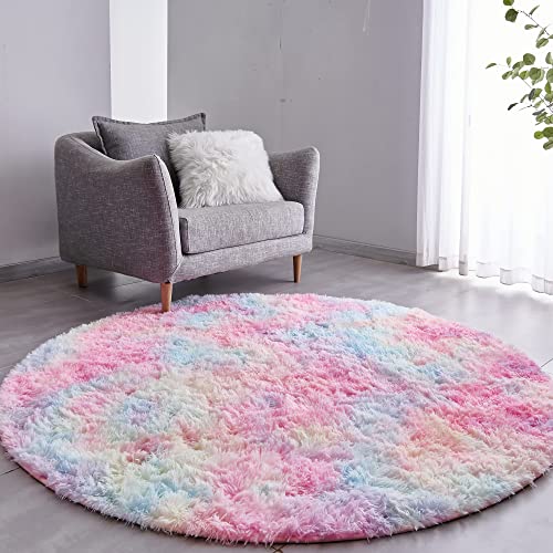 VOFUSHON Teppich Rund Hochflor Teppich Wohnzimmer Teppich Langflor Teppiche für Wohnzimmer flauschig Shaggy Schlafzimmer Bettvorleger Outdoor Carpet(Ø 100 cm Rund,Regenbogen) von VOFUSHON